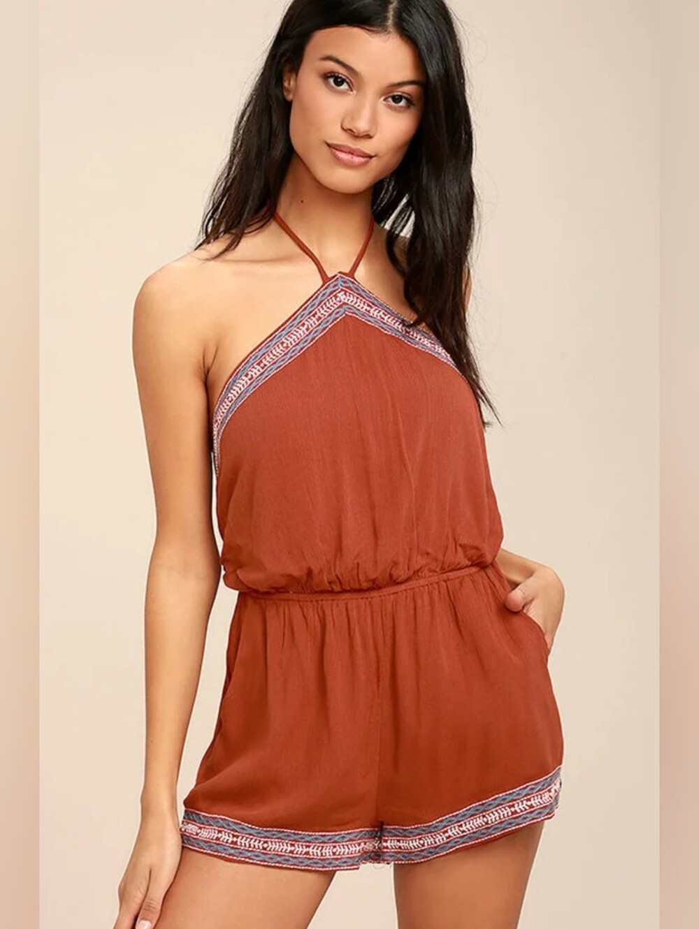 NWT Lulus Tidewater Rust Red Embroidered Romper Size L